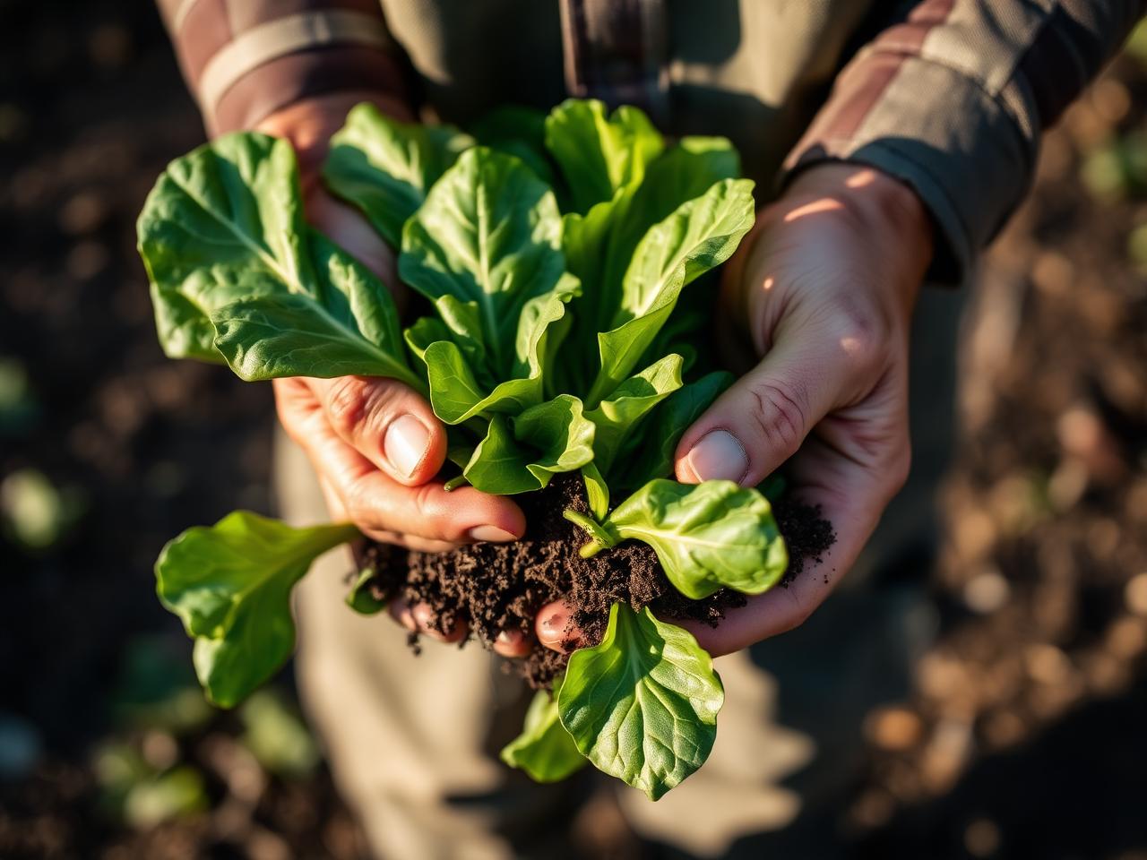 A farmer's hands holding freshly harvested greens