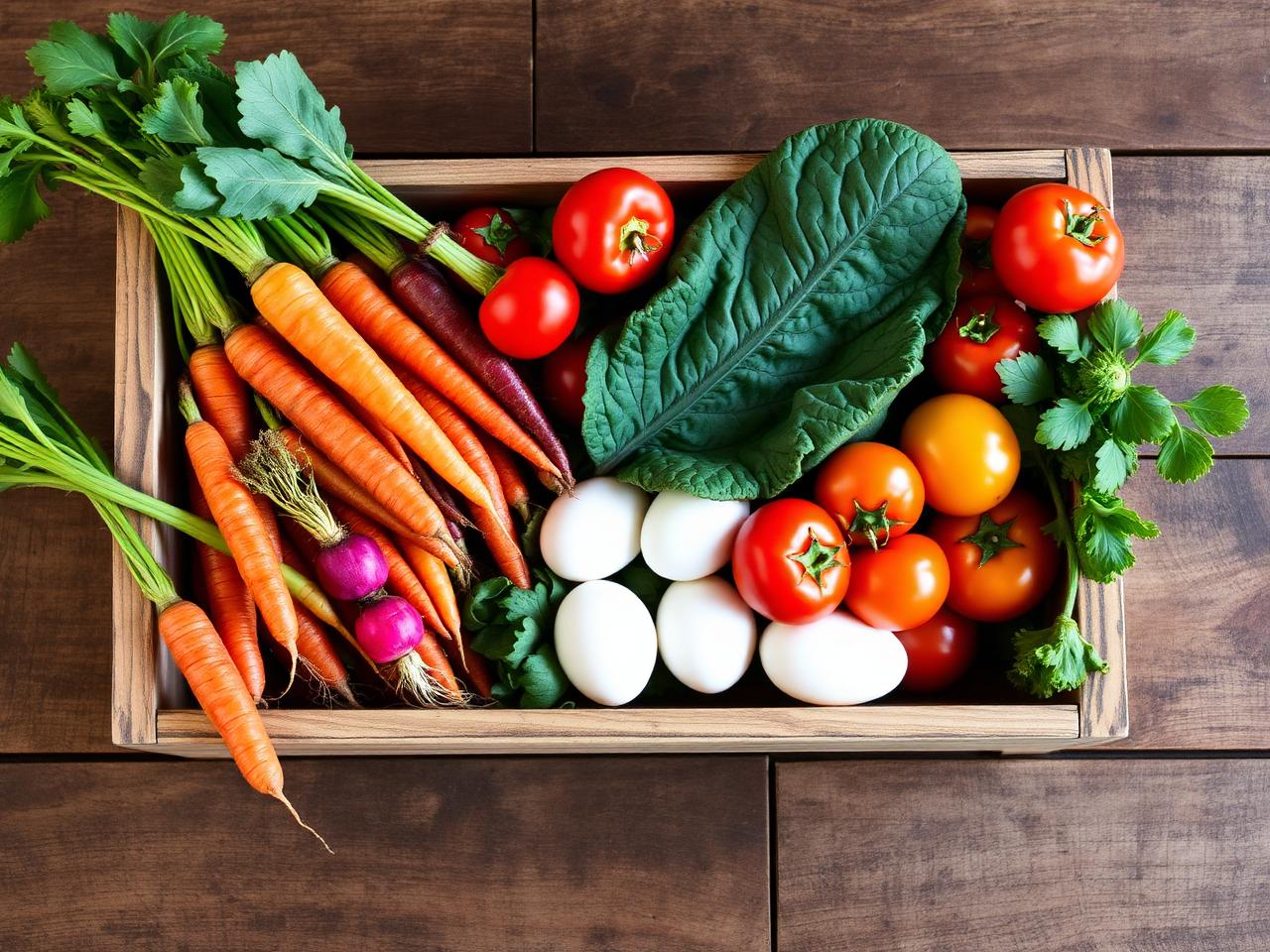 Crate of freshly harvested rainbow vegetables and eggs